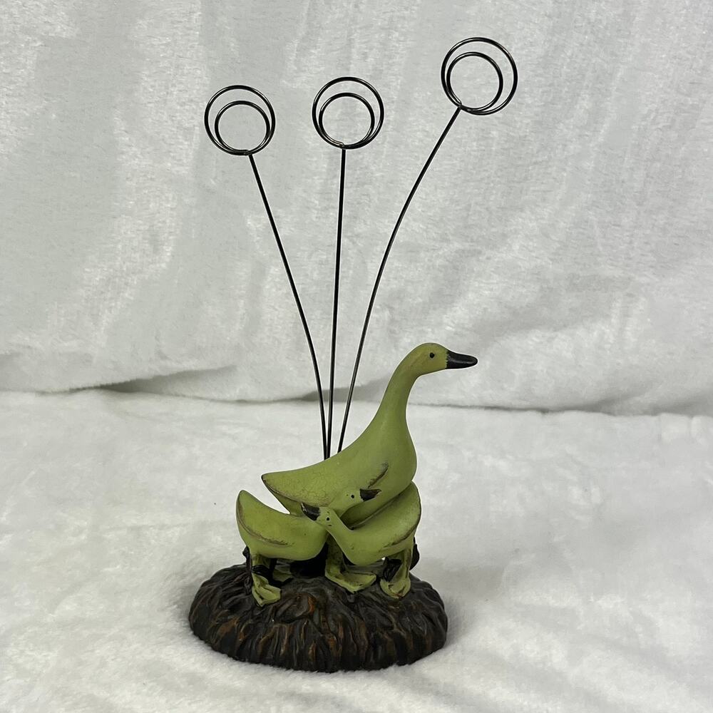Resin Goose Family Photo Holder Figurine 9.5" Tall With 3 Wire Clip Arms Rustic